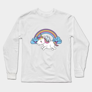 Cute Little Unicorn With Heart, Line Drawing White, Pink, Purple, Green & Yellow Long Sleeve T-Shirt